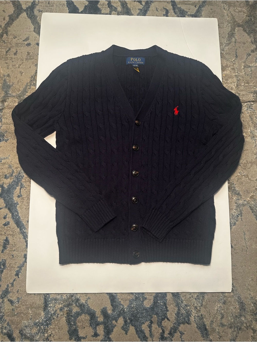 Polo by Ralph Lauren Navy Cable-Knit Cardigan with Red Pony